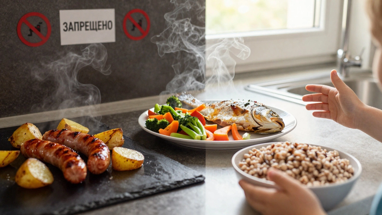 Контраст: слева — запрещённые жареные продукты, справа — здоровая еда для детей.