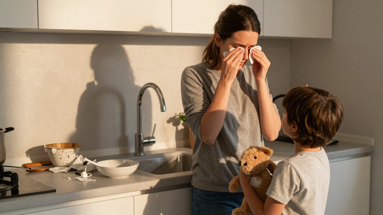 Мать извиняется перед ребёнком после вспышки гнева, момент искренности.