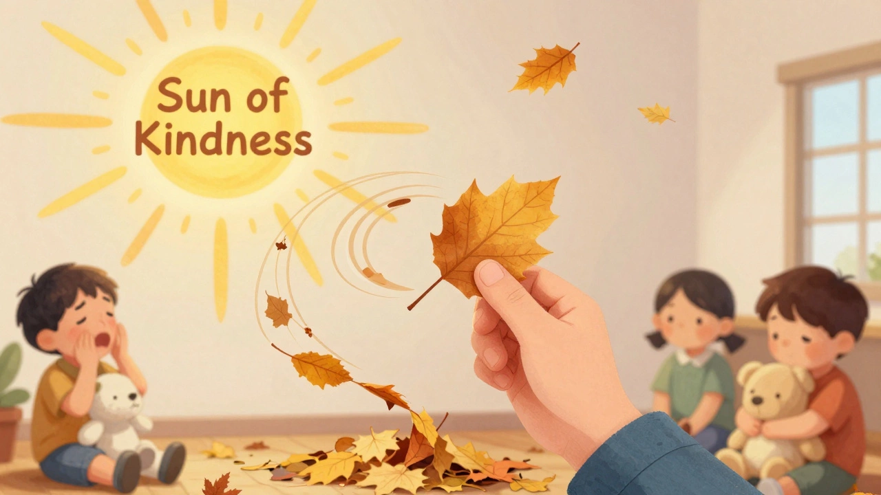 Ребёнок кладёт листок в ветер, на стене растёт Солнце доброты.