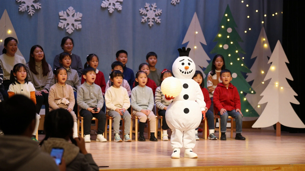 Ребёнок на краю сцены держит светящийся шар, а за ним — сверстники поют в хоре.