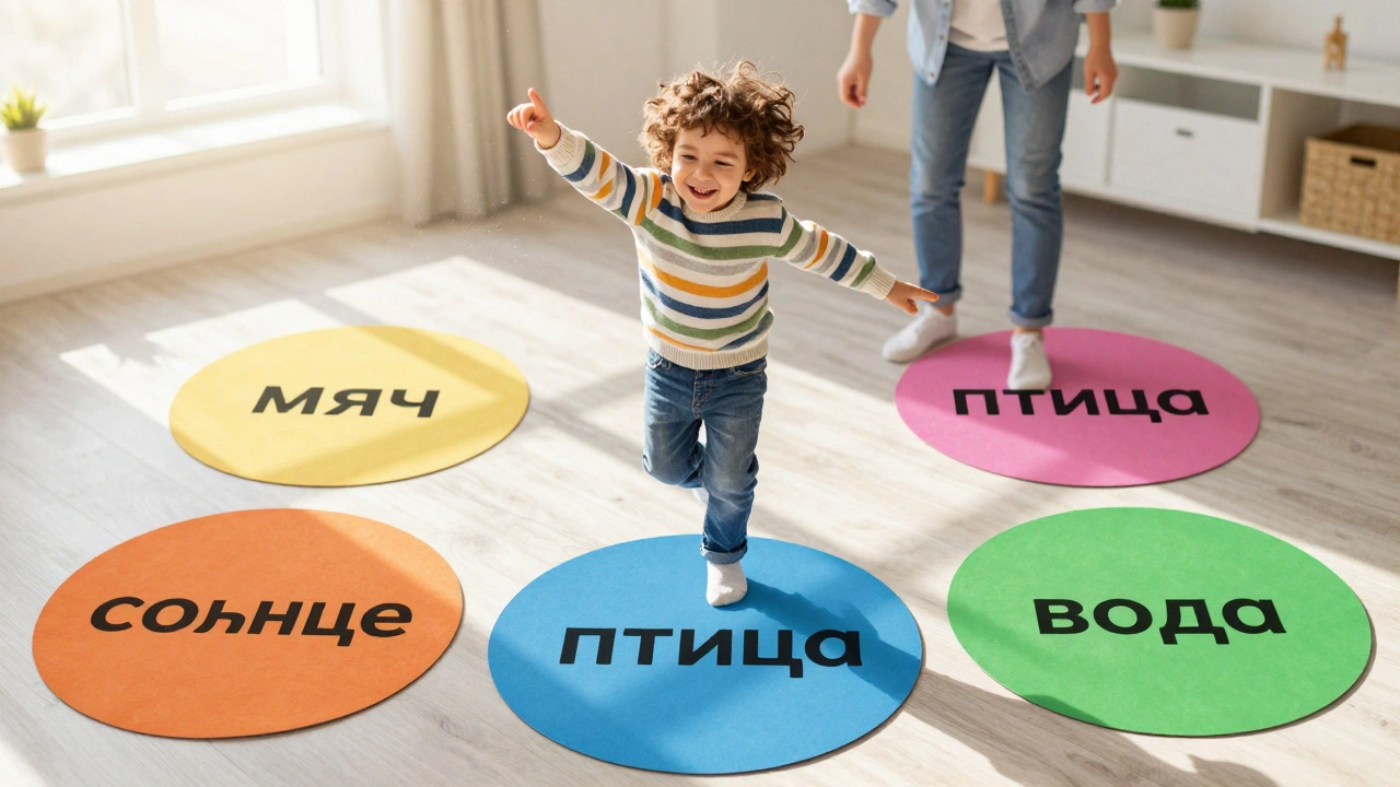 Ребёнок прыгает по бумажным кружкам с словами, обучаясь связывать слова с действиями.