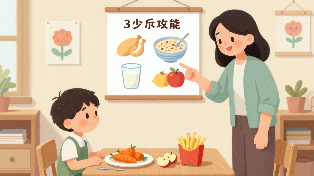 Ребёнок смотрит на запечённые морковь и яблоки вместо картошки фри, учительница показывает на меню.