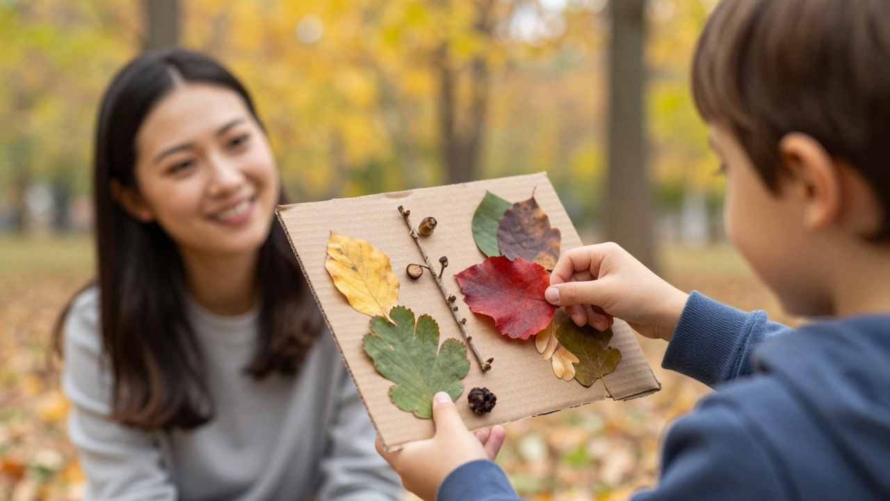 Ребёнок создаёт аппликацию из листьев и веток в парке, улыбаясь в солнечном свете.