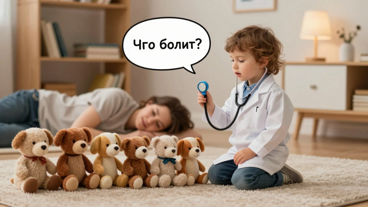 Ребёнок в роли врача осматривает игрушки, тренируя вопросы и ответы в ролевой игре.