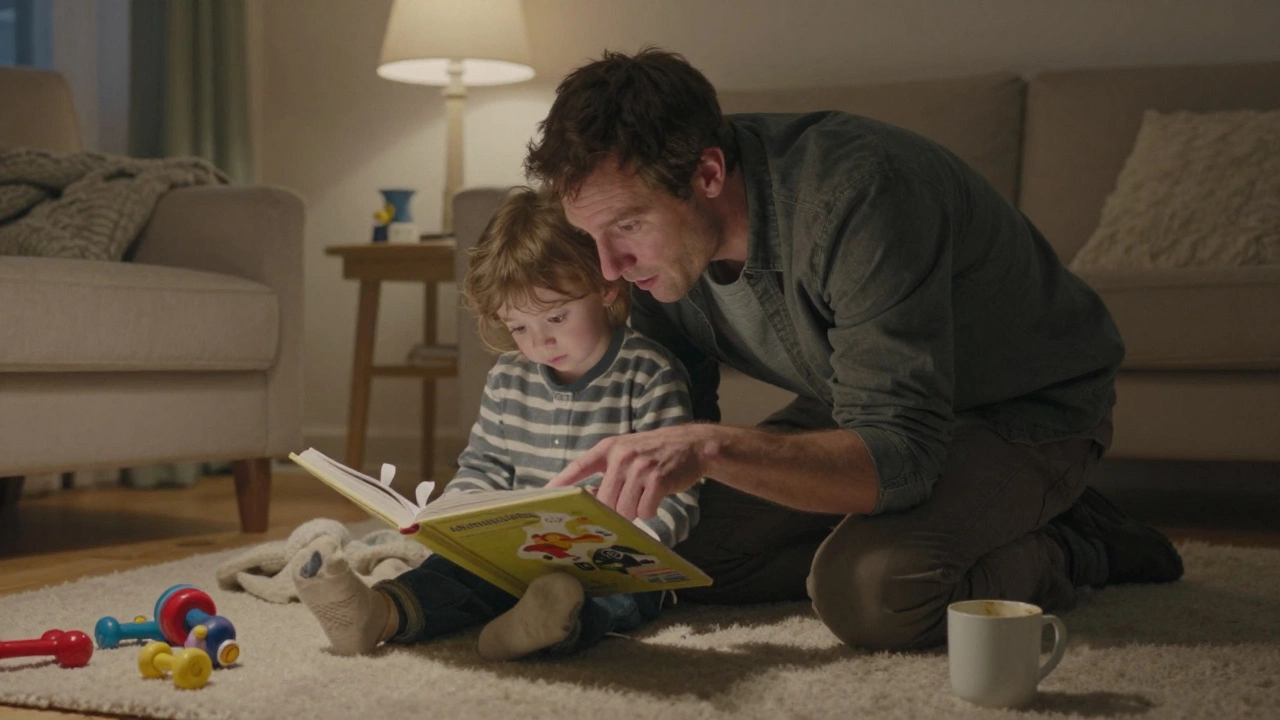 Родитель и ребёнок вместе читают книгу в уютной обстановке.