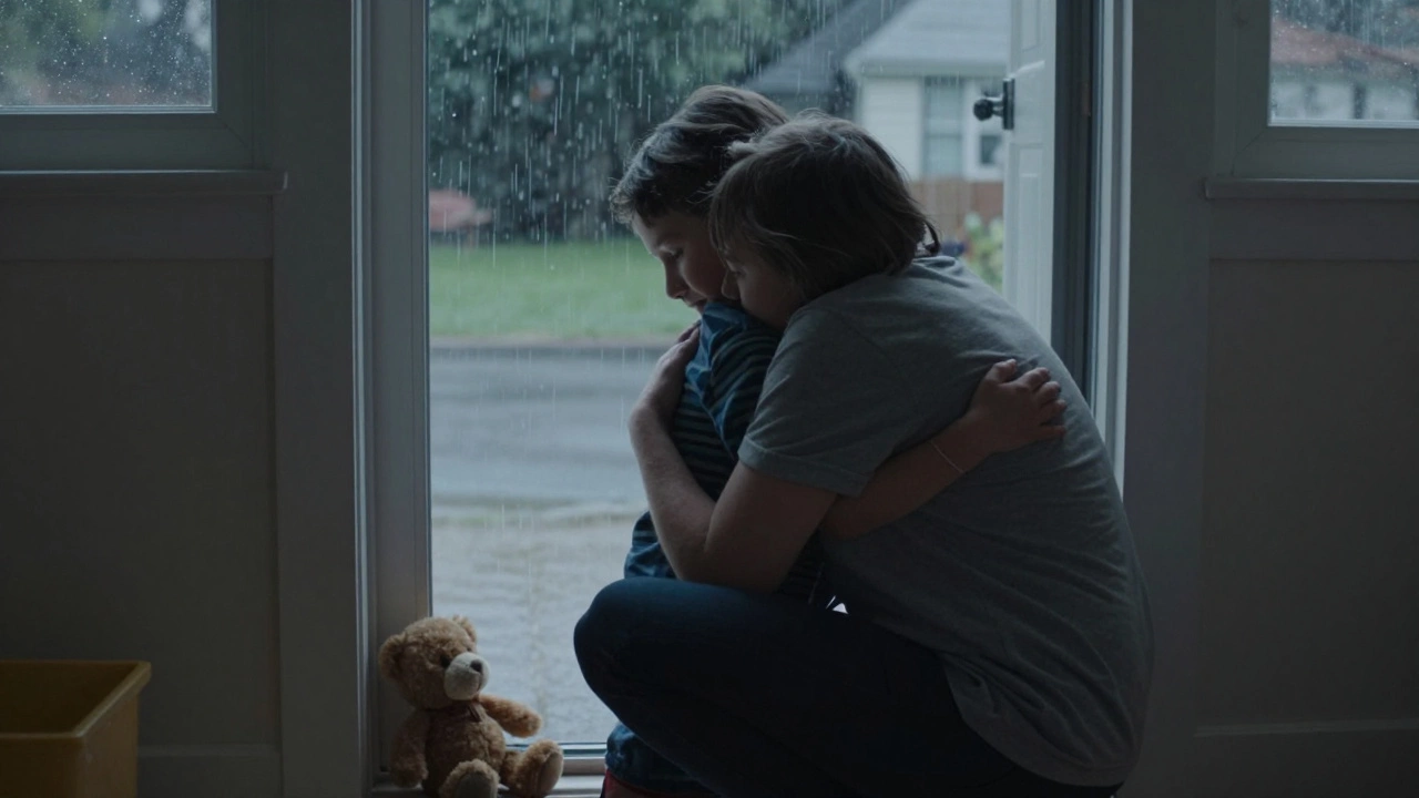 Родитель обнимает тихого ребёнка у входа в детский сад, за окном дождь, игрушка на ступеньке.