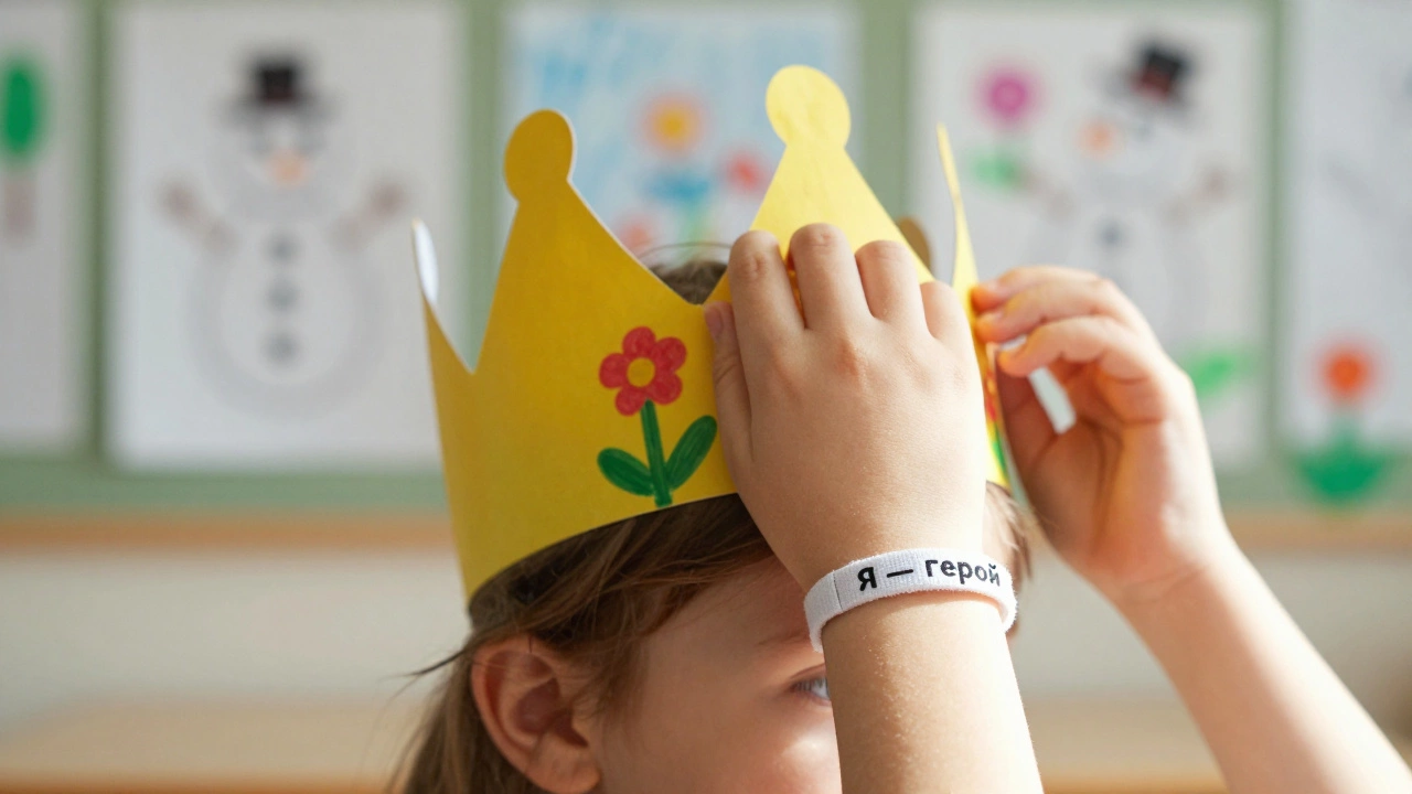 Рука ребёнка держит браслет с надписью «Я — герой» на фоне детских рисунков.