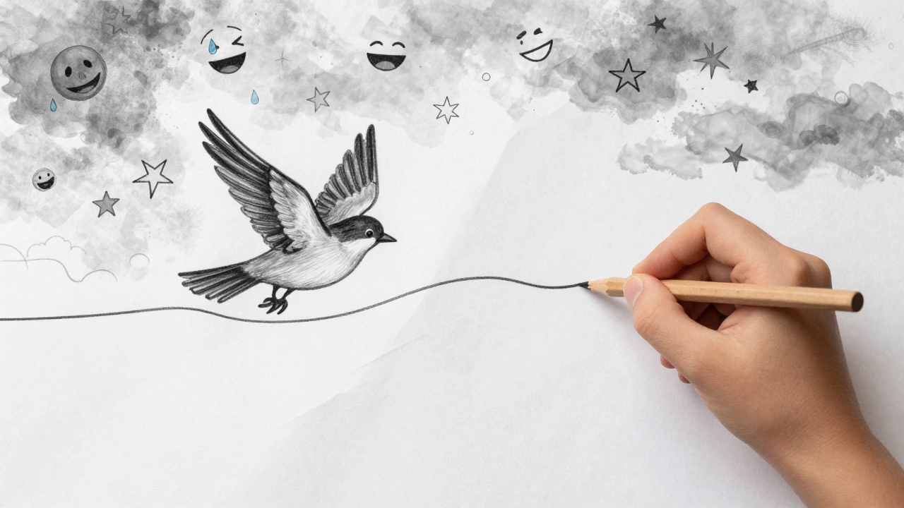 Рука ребёнка рисует линию, превращающуюся в птицу, улетающую в абстрактное небо.