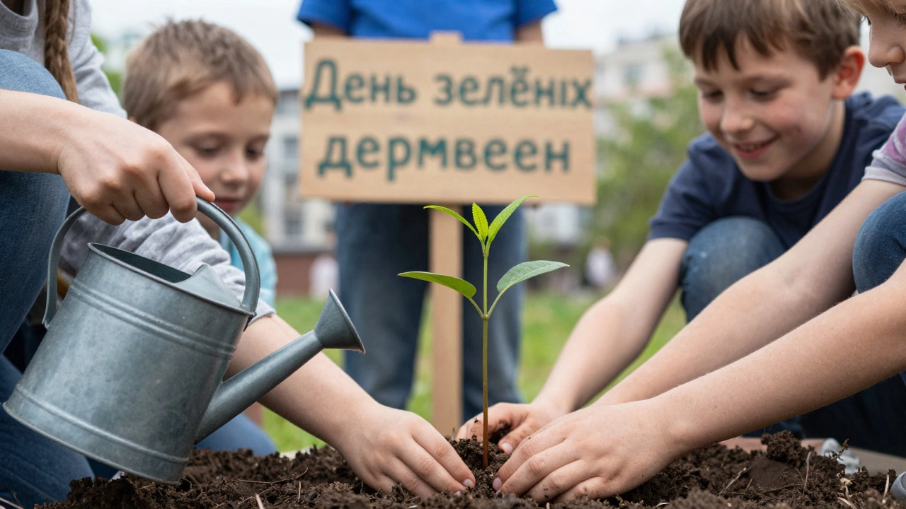 Три ребёнка вместе сажают саженец в парке, один держит лейку, другие улыбаются.