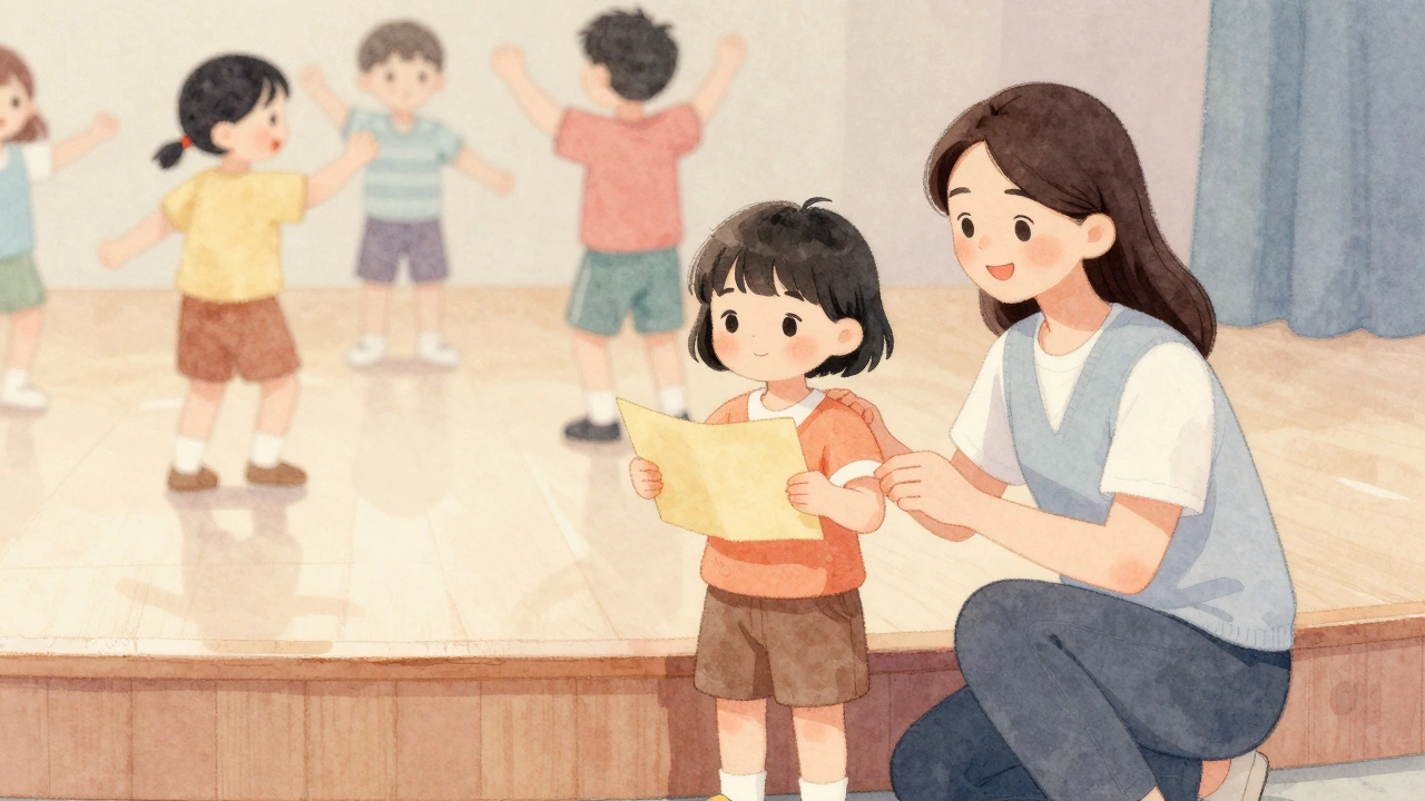 Воспитатель помогает стеснительному ребенку на пороге сцены, другие дети танцуют позади.