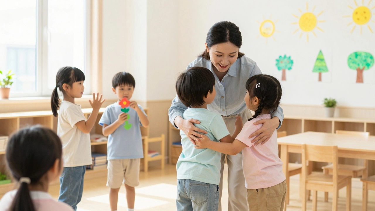 Воспитатель приветствует детей у входа в детский сад, каждый ребёнок получает улыбку и объятие.