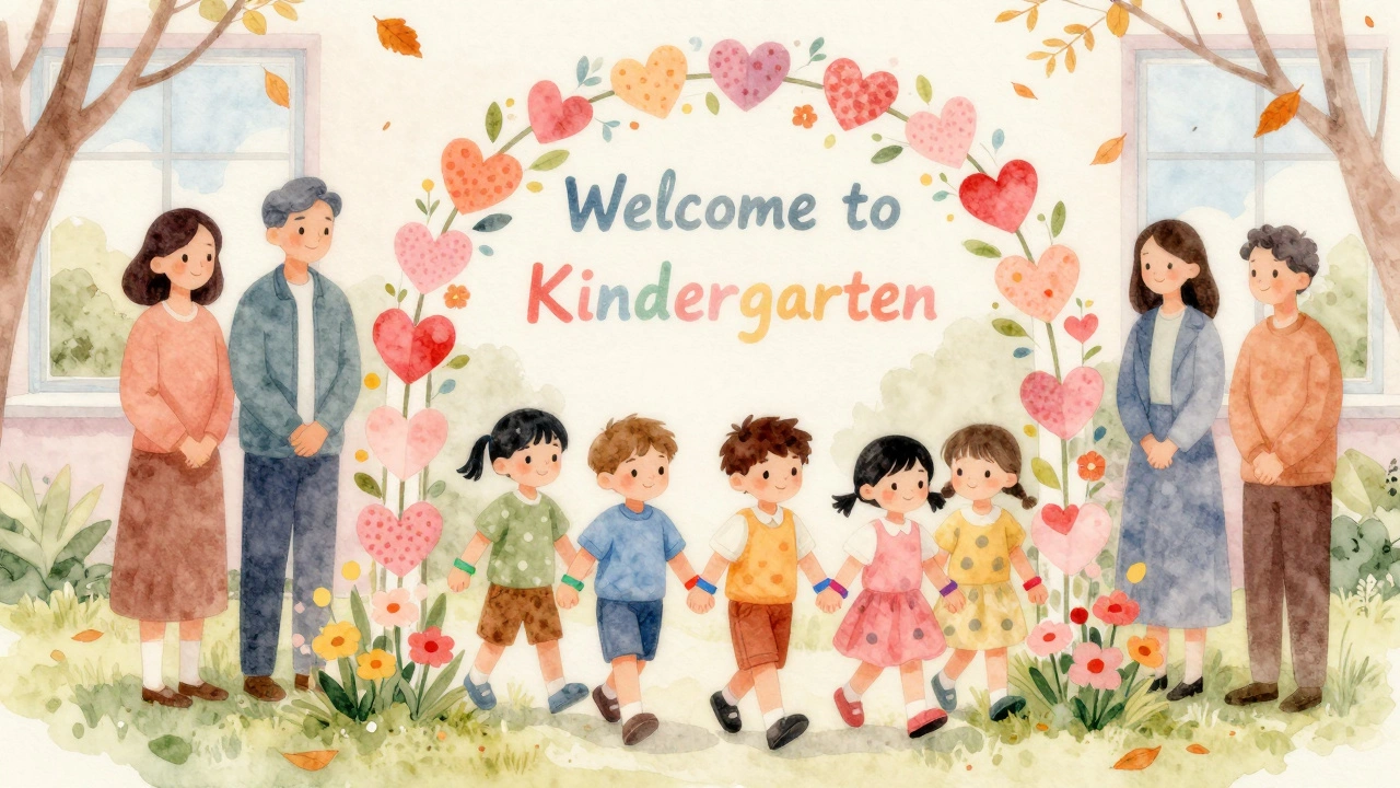 Дети проходят через врата доброты в начале учебного года в детском саду.