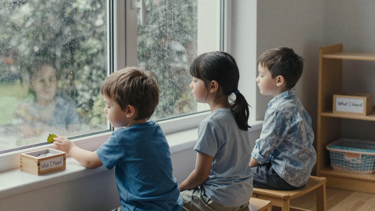 Дети с закрытыми глазами слушают тишину, дождь стучит в окно, среда — день тишины.