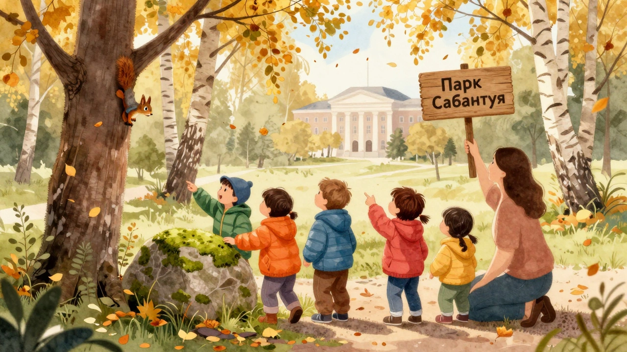 Дети в парке исследуют природу с воспитателем, один указывает на белку.