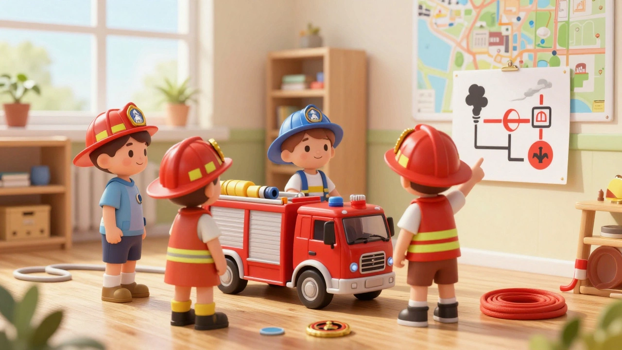 Дети в пожарных шлемах изучают безопасность на тематическом дне.