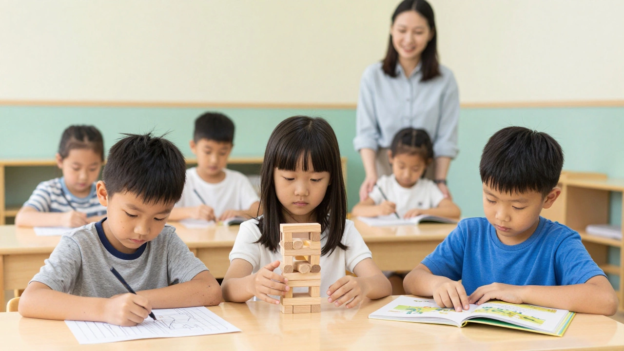 Дети занимаются тихими делами в классе: рисуют, собирают кубики, листают книги.