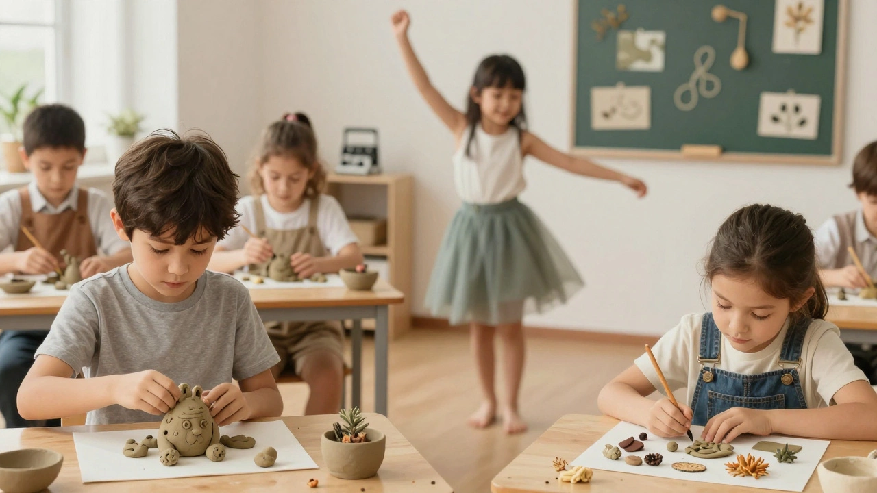 Дети занимаются творчеством: лепят, танцуют и создают коллаж из природных материалов.