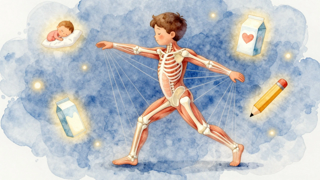 Художественное изображение ребёнка с прозрачными растущими костями и символами сна, еды и учебы в мягких тонах.