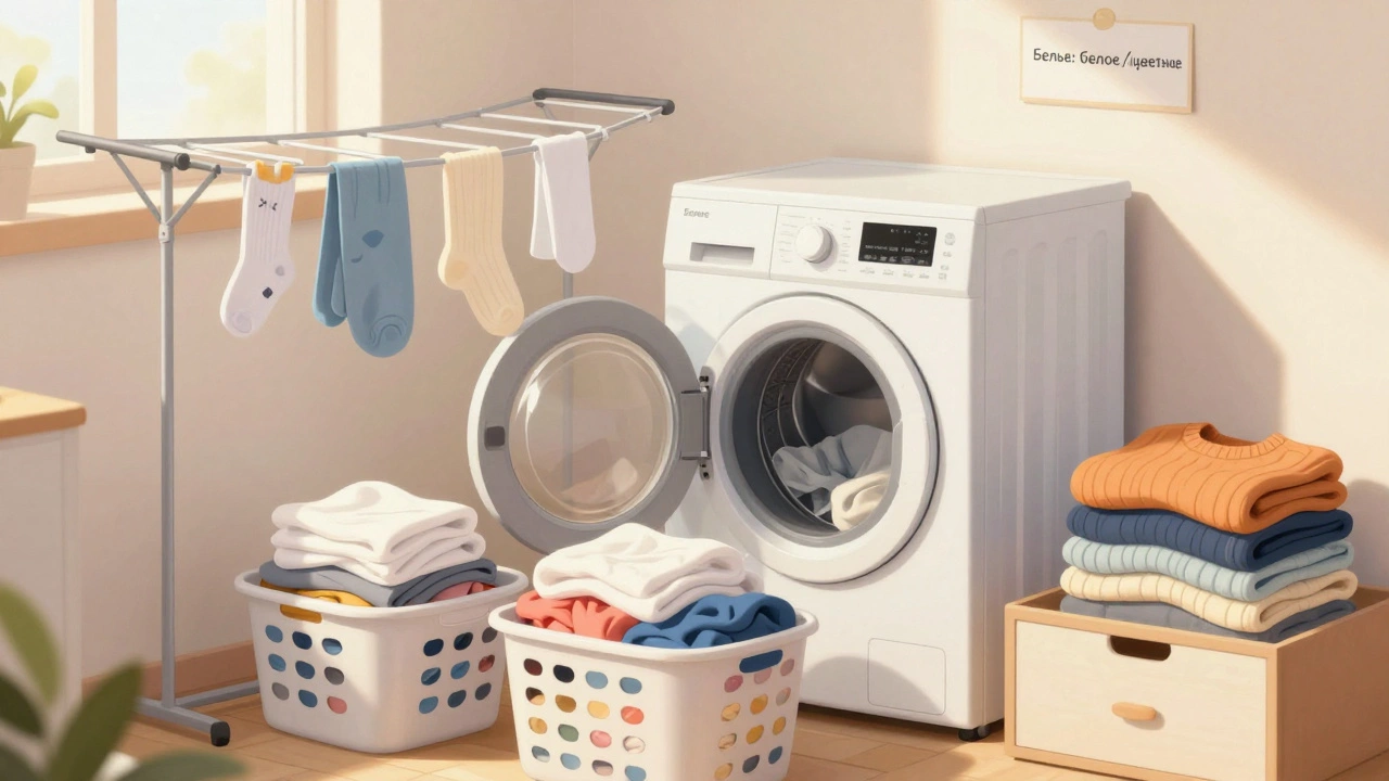 Подросток сортирует белье: белые и цветные вещи в разных корзинах, носки сушатся на веревке.