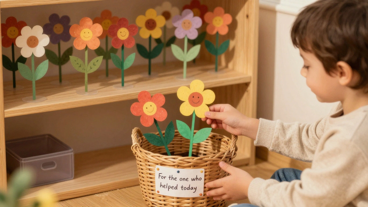 Ребёнок дарит бумажный цветок другу в конце дня, корзина с цветами на полке.