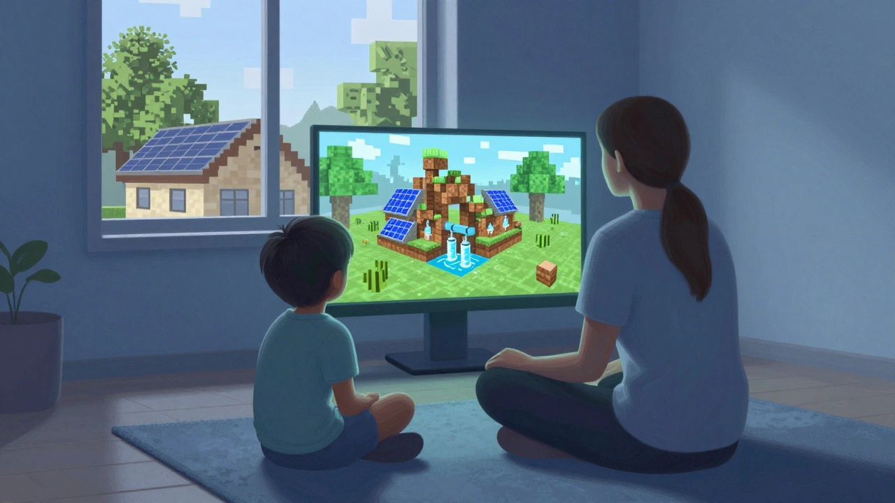 Ребёнок и взрослый вместе строят устойчивый город в Minecraft на экране.