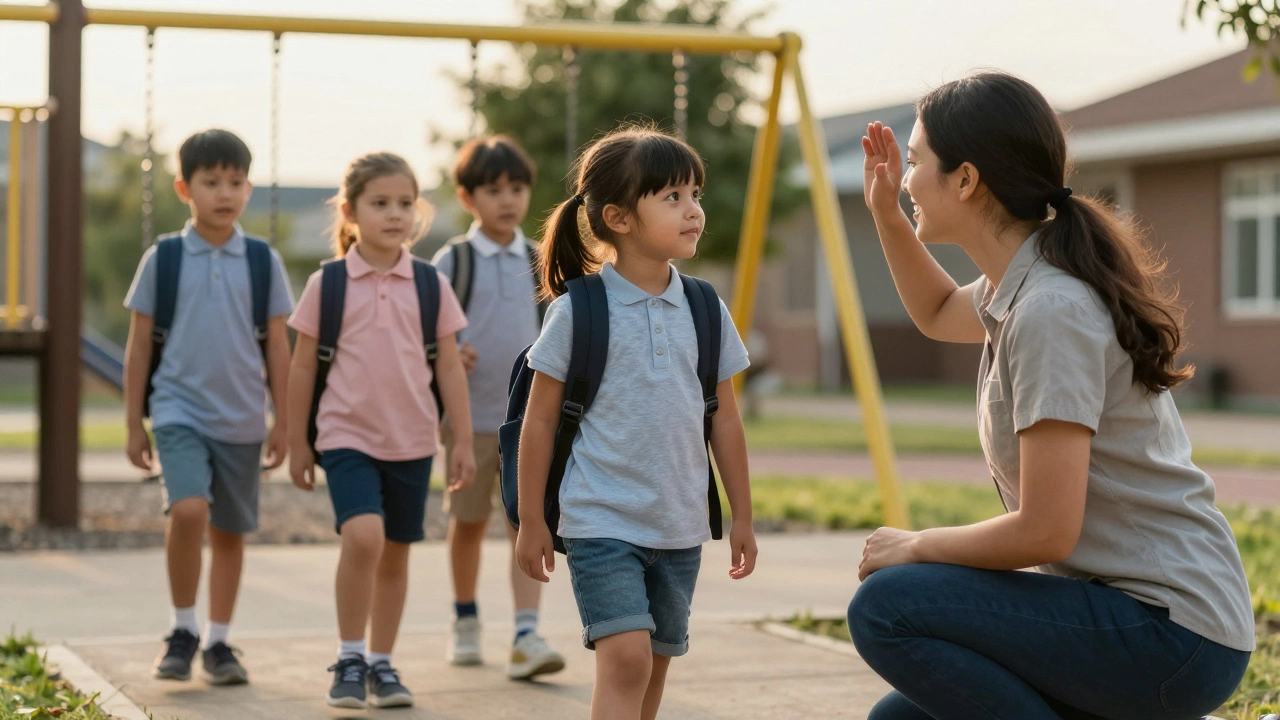 Ребёнок идёт в школу, учитель встречает его на уровне глаз, с улыбкой.