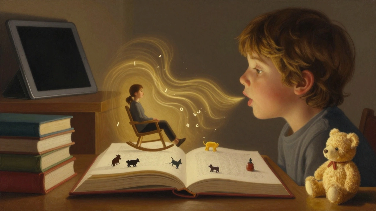 Ребенок как открытая книга с живыми словами внутри, родитель поет рядом.