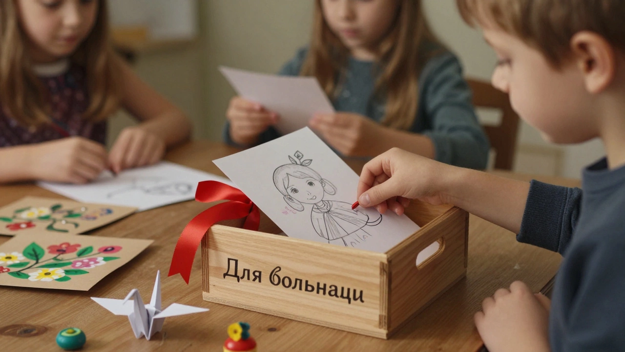 Ребёнок кладёт рисунок в коробку для больницы, вокруг другие поделки.