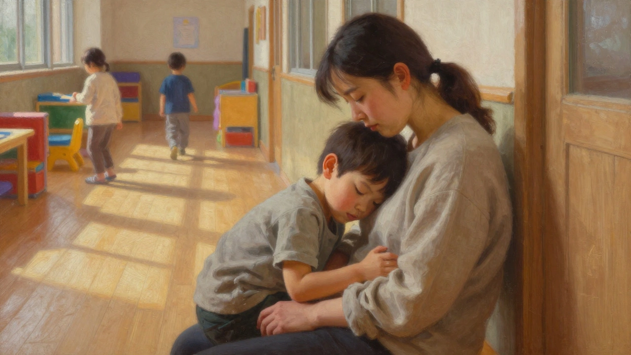 Ребёнок прижимается к плечу воспитателя на скамейке, держась за рукав, солнечный свет падает сзади.