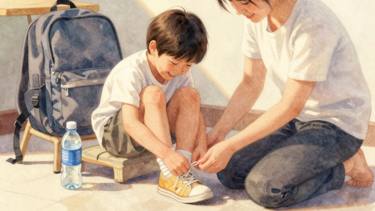 Ребёнок учится завязывать шнурки, родитель рядом, но не помогает.