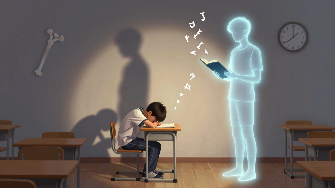 Ребёнок в классе с тенью, вытянувшейся в высокий силуэт, рядом — прозрачное изображение его будущего роста.