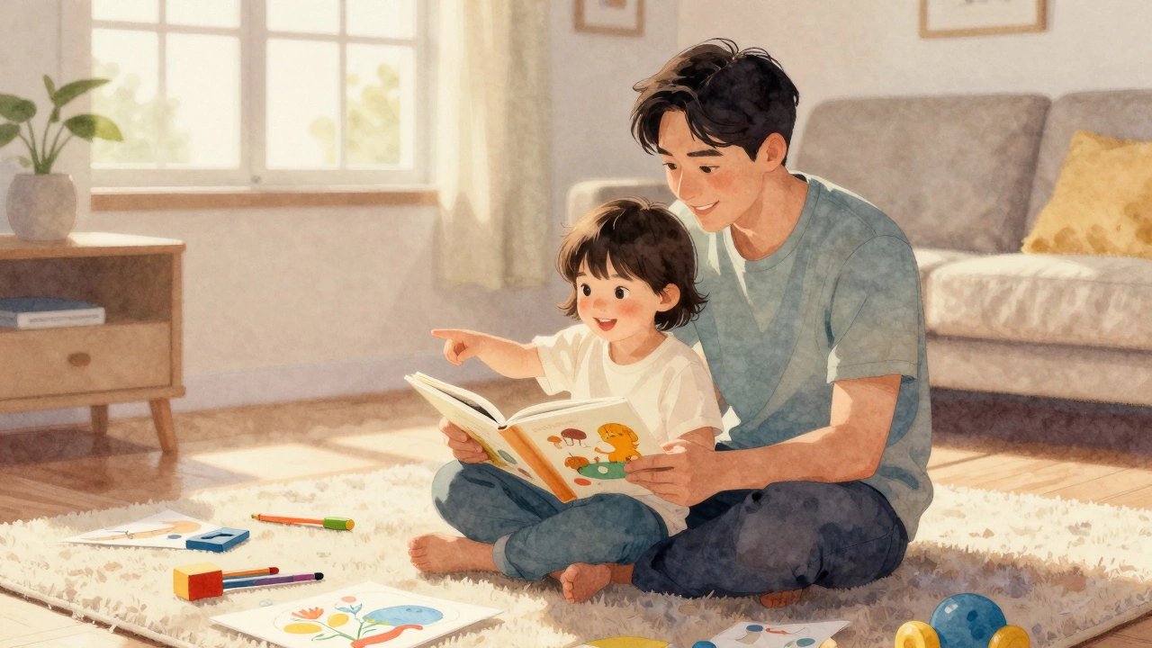 Родитель и ребенок читают книгу вместе на ковре, без давления и учебников.