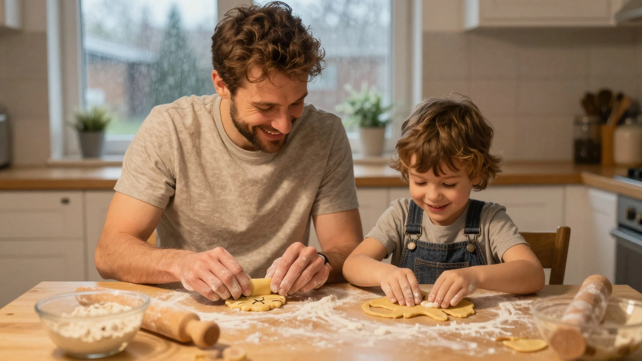 Родитель и ребёнок лепят из теста зверей на кухонном столе, вокруг — мука и уютный свет.