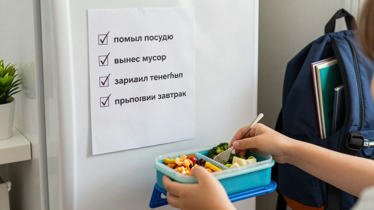 Руки ребенка кладут еду в ланч-бокс, на холодильнике — список выполненных домашних дел.