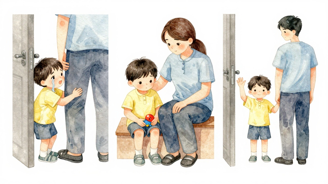 Три сцены: ребёнок прощается с родителем, сидит с воспитателем, потом улыбается при прощании.