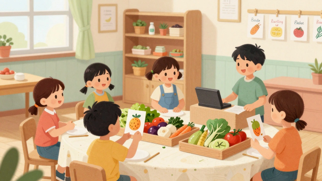 Дети 3-4 лет играют в магазин: один — продавец, другой — покупатель, вокруг овощи и фрукты на столе