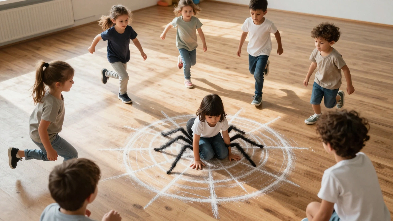 Дети 5-6 лет играют в 'Паучка и мух', один ребёнок сидит в круге, остальные замерли вокруг