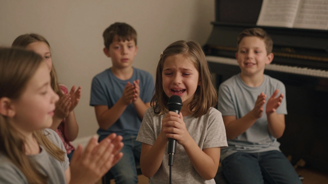 Дети поют вместе, один из них смеётся с слезами на глазах, другие хлопают в ладоши.