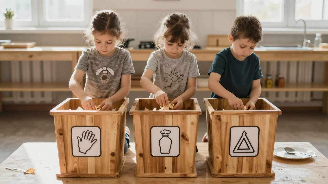 Дети сами сортируют пищевые отходы на кухне.