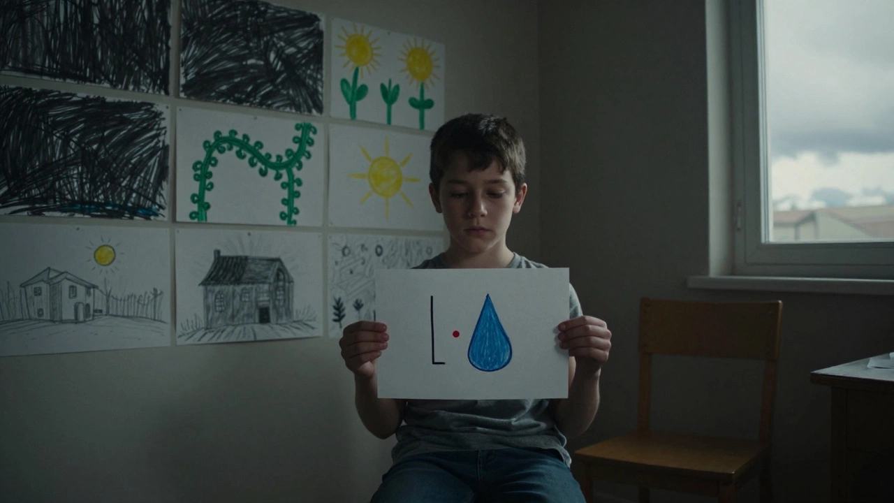 Мальчик показывает рисунок с чёрной линией, красной точкой и синей каплей.