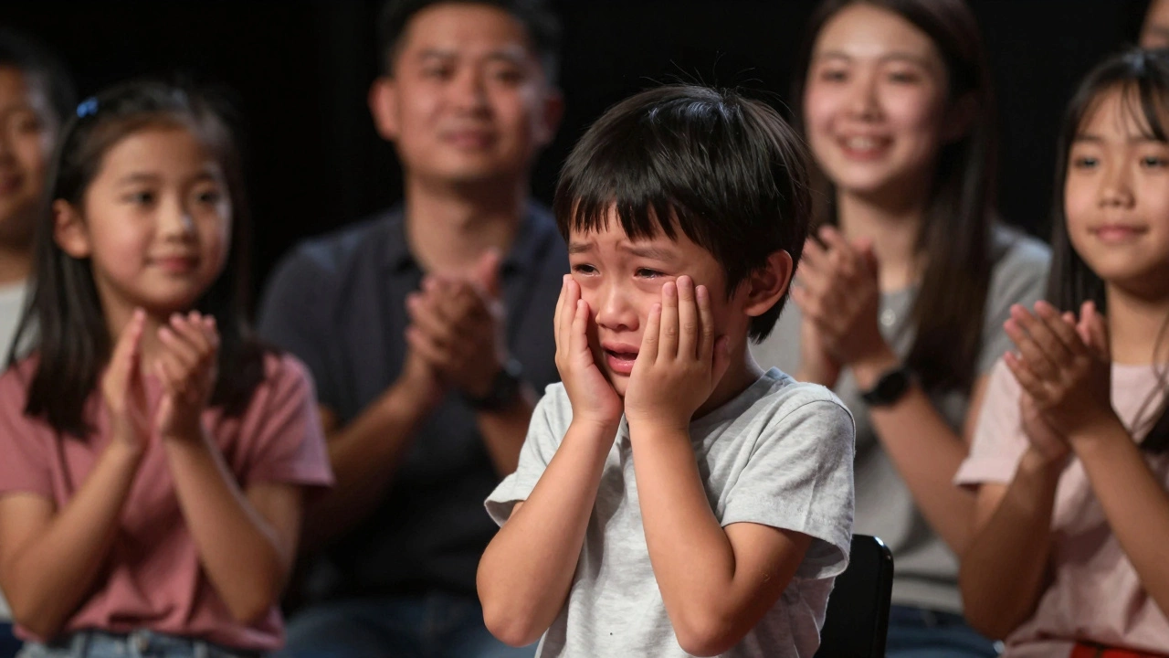 Маленький ребёнок выступает на сцене, держась за реквизит, родители смотрят с улыбками и слезами.