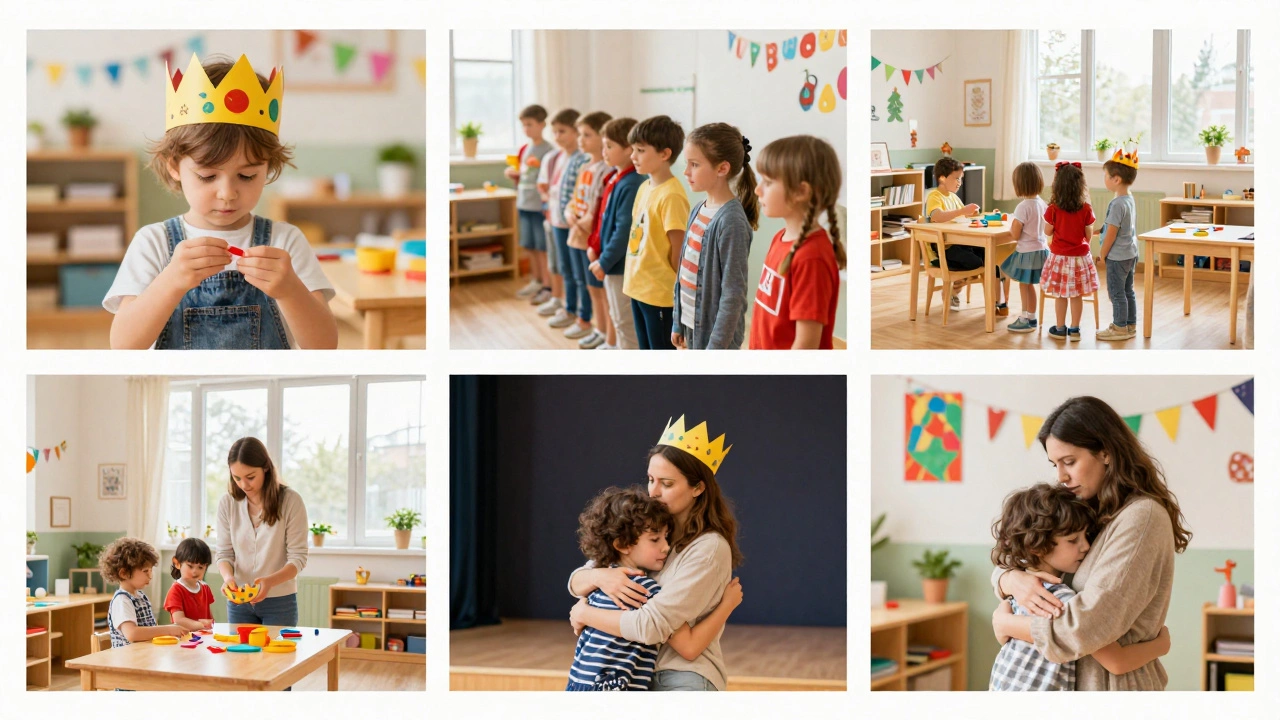 Разные моменты праздника в детском саду: дети делают украшения, ждут своей очереди и обнимаются с родителями.