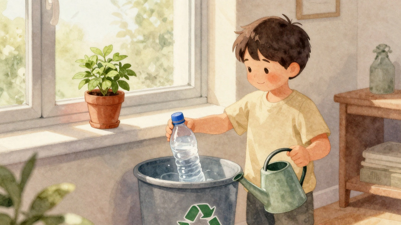 Ребёнок кладёт бутылку в контейнер для переработки, рядом цветок на подоконнике.