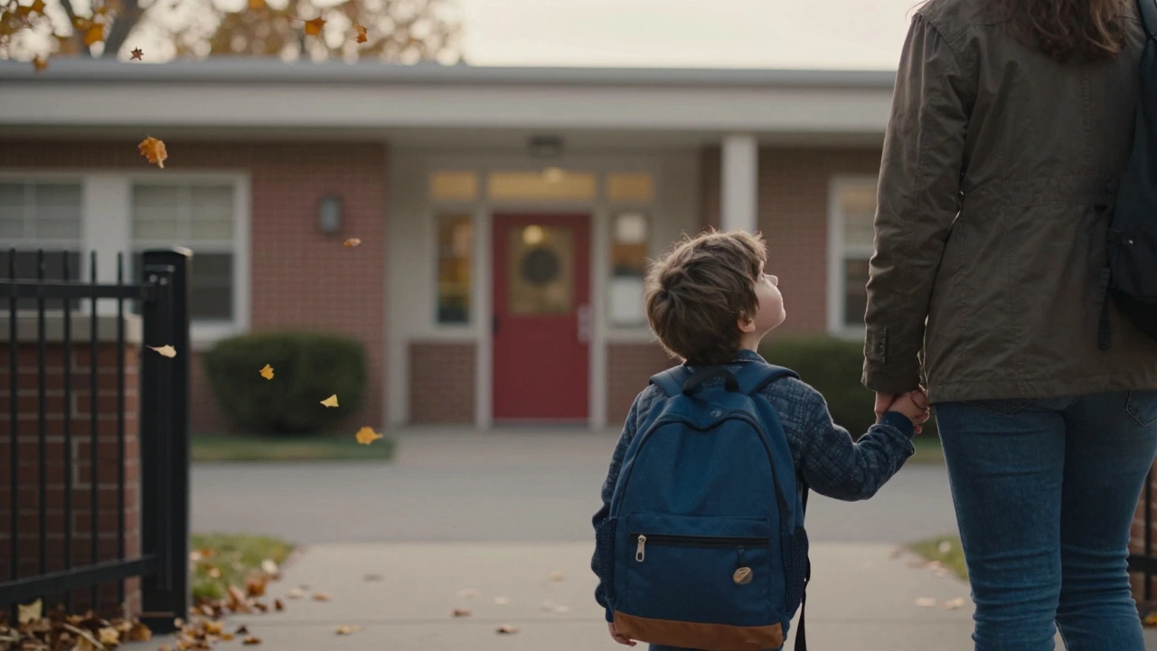 Ребёнок с родителем у ворот школы, смотрит на здание с спокойным любопытством на рассвете.