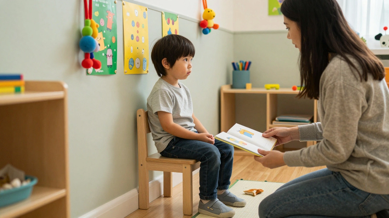 Ребёнок сидит один в углу группы, смотрит в стену, а воспитатель рядом спокойно держит книгу.