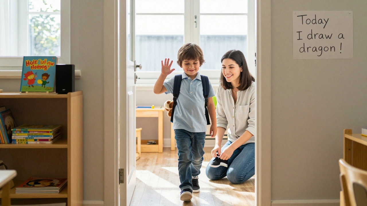Ребёнок уверенно идёт в сад с любимой игрушкой, воспитатель помогает завязать шнурки, солнечный свет освещает ритуал.