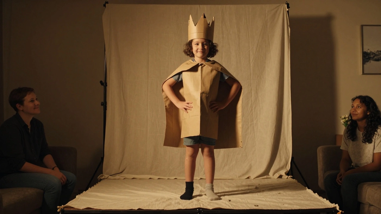 Ребёнок в костюме из подручных материалов выступает на мини-сцене, родители смотрят с улыбкой.