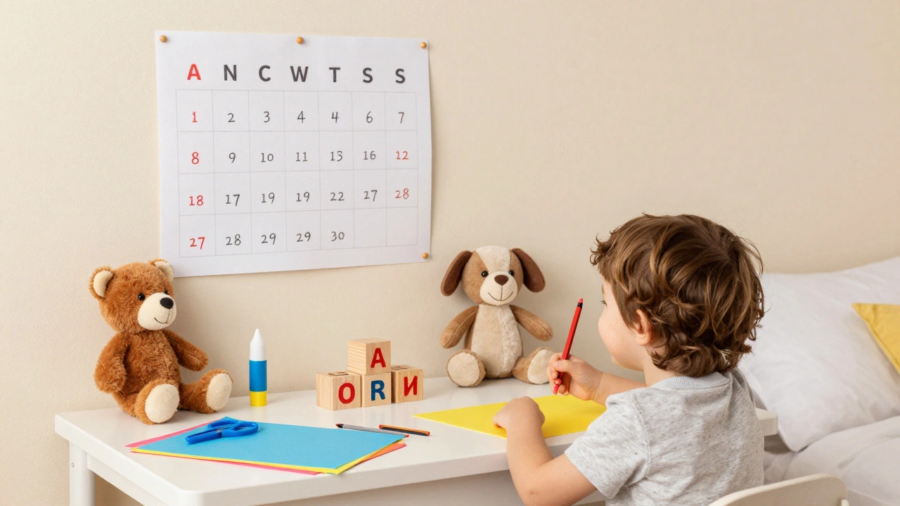 Ребёнок ведёт урок для игрушек, используя карандаши и ножницы, в уютной детской комнате.