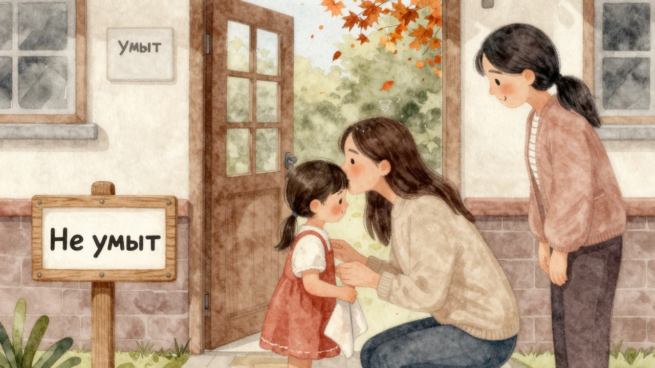 Родитель передаёт ребёнка воспитателю у входа в детский сад.