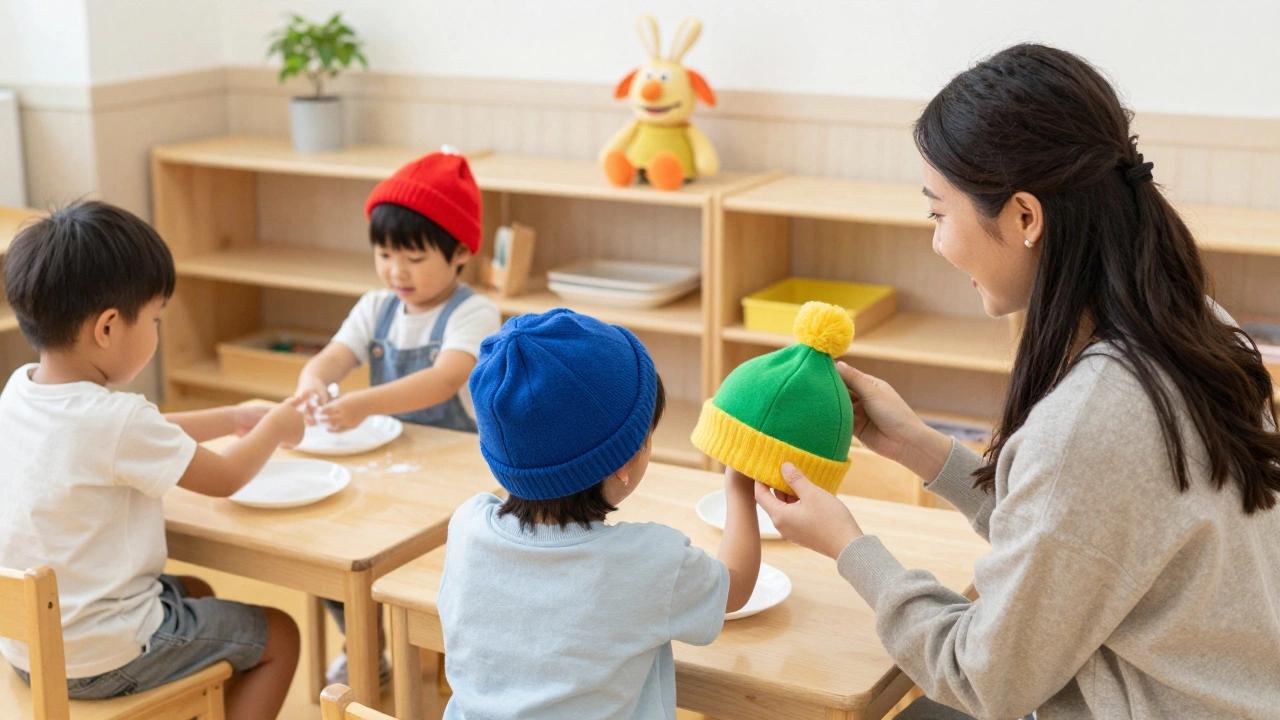 Воспитатель предлагает ребёнку выбрать между двумя шапками, рядом — ритуал мытья рук и игрушка зайчика.